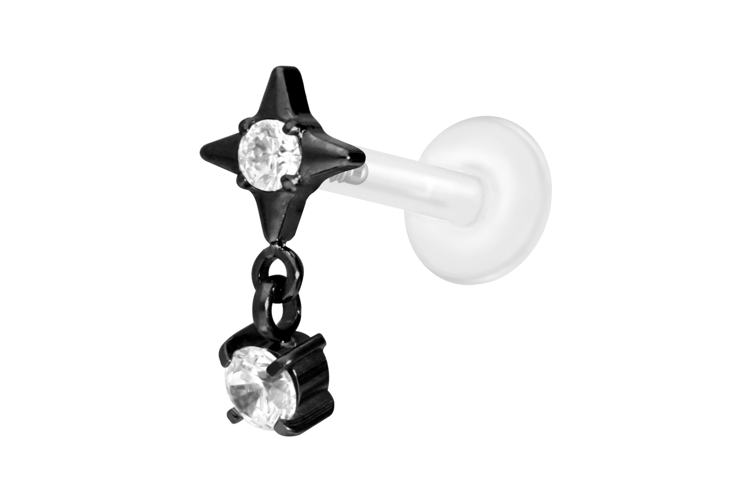 PTFE Labret Piercing mit Innengewinde + Titan-Aufsatz STERN + KRISTALL